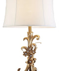 Bronze Table Lamp With Golden Floral Base And Beige Shade, 30 Inch Tall, 17 Inch Square Footprint, Modern Bedside Luminary