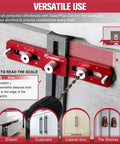 Cabinet Hardware Jig For Knobs And Handles Adjustable Drill Guide With Self Centering Locator Pro Grade Hole Spacing From 2.5 To 5 Inches Easy Straight Alignment For Drawer And Cabinet Install in use on a cabinet.