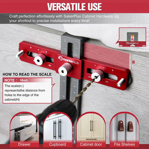 Cabinet Hardware Jig For Knobs And Handles Adjustable Drill Guide With Self Centering Locator Pro Grade Hole Spacing From 2.5 To 5 Inches Easy Straight Alignment For Drawer And Cabinet Install in use on a cabinet.