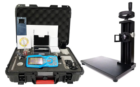 Top Shelf Surface Roughness Tester With Slim Needle For Tricky Grooves And Curved Surfaces Heavy Duty Metal Stand Plug And Play Pc Link Crisp Oled Panel Twenty Parameters Dead On Accuracy in portable case.