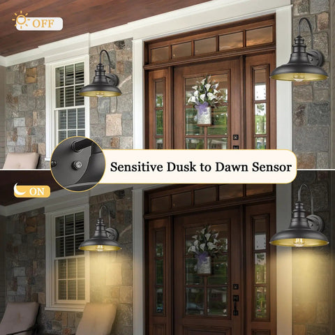 Outdoor Dusk To Dawn Sensor Wall Light Fixture Dome 12.3 Inch Black Finish Industrial Sconce illuminating porch entryway