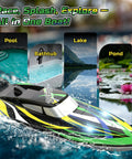 Amped Up Turbo Charged RC Speed Boat With LED Lights Self Righting Hull racing across a pool for kids and adults