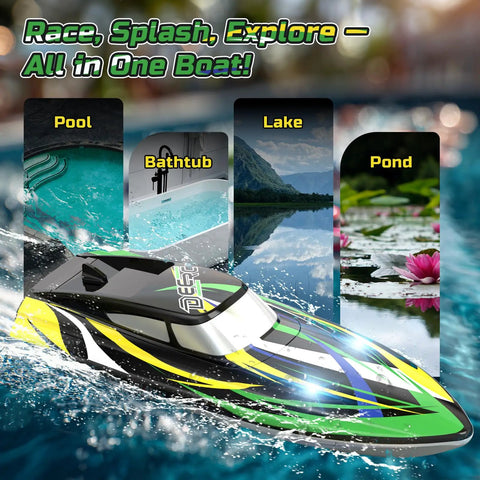 Amped Up Turbo Charged RC Speed Boat With LED Lights Self Righting Hull racing across a pool for kids and adults