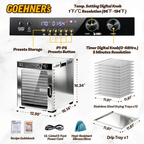 Rock Solid Commercial Food Dehydrator With 12 Stainless Steel Trays To Whip Up Prime Beef Jerky And Crispy Fruit Snacks Smart Temperature Controls And No Sweat Cleanup For Your Daily Grind digital control panel and stainless steel body with accessories