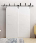 Bypass Sliding Barn Closet Doors 56x96 Inches Painted White Modern Style Kit with Six Point Six Foot Rails, installed in living room.