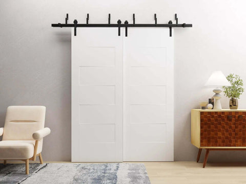 Bypass Sliding Barn Closet Doors 56x96 Inches Painted White Modern Style Kit with Six Point Six Foot Rails, installed in living room.