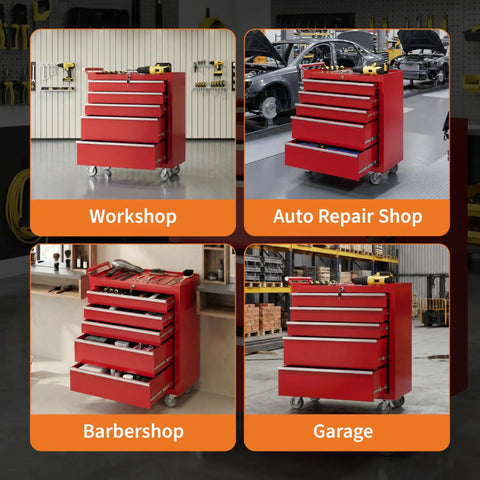 Five Drawer Rolling Tool Chest With Wheels And Central Lock System, Pro Grade Secure Storage Cabinet For Warehouse, Workshop, And Repair Shop, Portable Tool Box On Casters, Heavy Duty Red in workshop, auto repair, barbershop, and garage