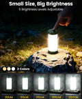 106 LED Camping Lantern With 5000mAh Battery, displayed on a rock, showing five brightness levels in use, ideal for outdoor lighting.