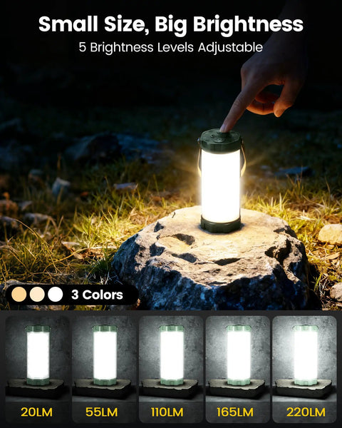 106 LED Camping Lantern With 5000mAh Battery, displayed on a rock, showing five brightness levels in use, ideal for outdoor lighting.