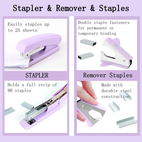 Purple Desk Organizer Set 12 Pieces With Tape Dispenser Stapler Staples Staple Remover Pen Holder Scissors Ruler Sticky Tabs Tape