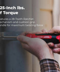 1 Inch 13 In 1 Ratcheting Automotive Driver Bit Set With Pullout Cartridge Red Handle being used on a wall