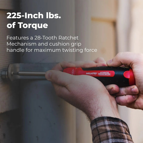 1 Inch 13 In 1 Ratcheting Automotive Driver Bit Set With Pullout Cartridge Red Handle being used on a wall