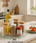 Two Pack Nine Inch Clear Acrylic Lazy Susan Turntable Spinner With Non Slip Base For Kitchen Pantry Cabinet Fridge And Makeup Tray That Is A Straight Up Game Changer For Decluttering Your Home Hella Sturdy with spices and olive oil.