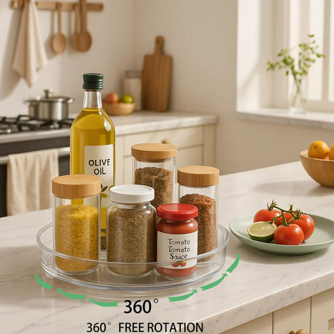 Two Pack Nine Inch Clear Acrylic Lazy Susan Turntable Spinner With Non Slip Base For Kitchen Pantry Cabinet Fridge And Makeup Tray That Is A Straight Up Game Changer For Decluttering Your Home Hella Sturdy with spices and olive oil.