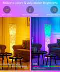 61 Inch RGB Color Changing Floor Lamp With Marble Fabric Shade Remote Control Adjustable Brightness And Color Temperature Standing Lamp For Living Room Bedroom Or Kids Room Dope Modern Tower Design showing warm and RGB lighting modes in a living room.