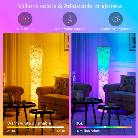61 Inch RGB Color Changing Floor Lamp With Marble Fabric Shade Remote Control Adjustable Brightness And Color Temperature Standing Lamp For Living Room Bedroom Or Kids Room Dope Modern Tower Design showing warm and RGB lighting modes in a living room.