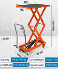 Heavy Duty Hydraulic Lift Table Cart, 770 Lbs Capacity, 50 Inch Rise, showing dimensions and dual scissor design.
