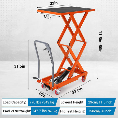 Heavy Duty Hydraulic Lift Table Cart, 770 Lbs Capacity, 50 Inch Rise, showing dimensions and dual scissor design.