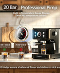 Next Level 20 Bar Espresso Machine With Silky Milk Frother And Heavy Duty Steam Wand 1100 Watt Compact Coffee Brewer on kitchen counter.