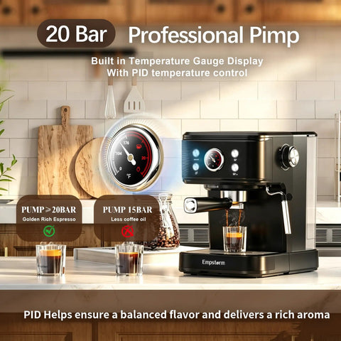 Next Level 20 Bar Espresso Machine With Silky Milk Frother And Heavy Duty Steam Wand 1100 Watt Compact Coffee Brewer on kitchen counter.