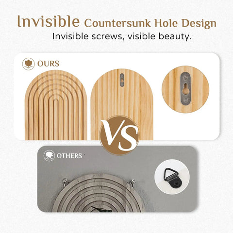 Invisible Countersunk Hole Design comparison image showing Lowkey Stunning Boho Wall Decor Set Of Two Natural Wood 3D Arch Candle Holder.