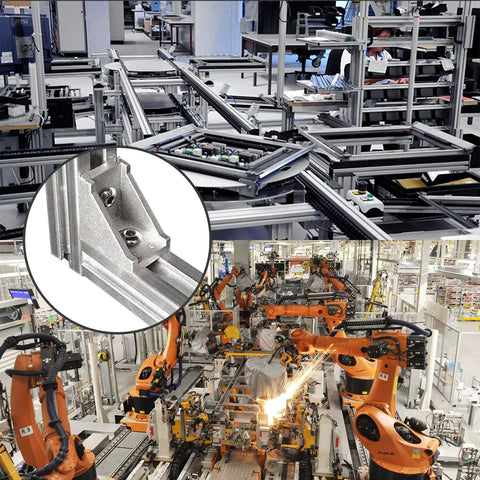 Factory setting with Inside Corner Bracket Gusset For 3030 Aluminum Extrusion showcased in machine framework.