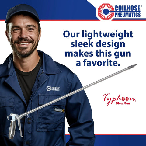 Person holding Typhoon Pro High Volume Blow Gun With 24-Inch Extension, 1/4-Inch NPT, High-Flow Tip, 34 CFM At 125 PSI, Dead-End Safe, OSHA Noise Compliant, Industrial Air Blow Off Tool For Heavy Duty Cleaning And Debris Removal, in uniform with company logo.