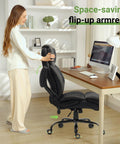Big And Tall Office Chair With Lumbar Support For Back Pain, Breathable PU Seat, showcasing adjustable flip-up armrests in home office.