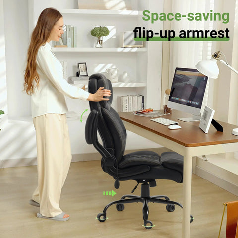 Big And Tall Office Chair With Lumbar Support For Back Pain, Breathable PU Seat, showcasing adjustable flip-up armrests in home office.