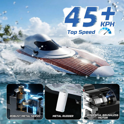17 Inch Brushless RC Speedboat For Adults 45 Plus KPH High Speed Beast With Self Righting Design Metal Rudder 3S 2800mAh LiPo Battery Water Ready For Lakes Pools And Saltwater TX766 racing in water showcasing top speed performance.