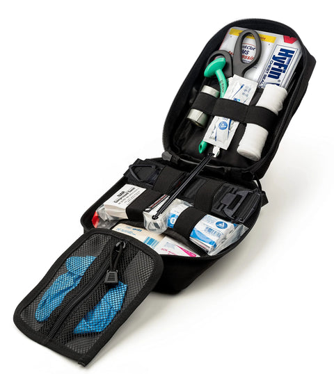 Scherber Premium IFAK Kit Trauma Pack in black MOLLE pouch; includes tourniquet, HyFin chest seal, Israeli bandage