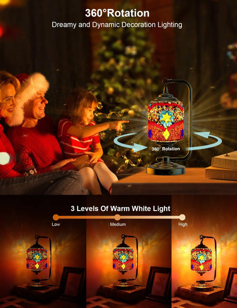 Family enjoying Turkish Mosaic Table Lamp With 7 Color LED, 360 Rotating Moroccan Glass Light, cozy night ambiance.