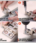 Guide showing how to use 2 Pack 6 Inch Automatic Center Punch With Adjustable Impact for precise hole centering on metal hinges.