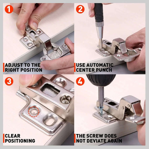 Guide showing how to use 2 Pack 6 Inch Automatic Center Punch With Adjustable Impact for precise hole centering on metal hinges.