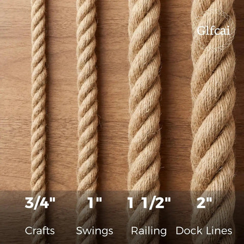 Different sizes of hemp rope, including 1.2-inch thick natural hemp rope, displayed on wooden background for heavy duty use.