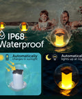 Solar Powered Floating Globes For Pool Pond Patio And Hot Tub Outdoor Lanterns That Look Like Candles Or Torches Perfect Party Decor And Chill Ambience A Fun Gift For Adults And A Must Have Pool Toy in water showing glowing effect at night and waterproof feature.