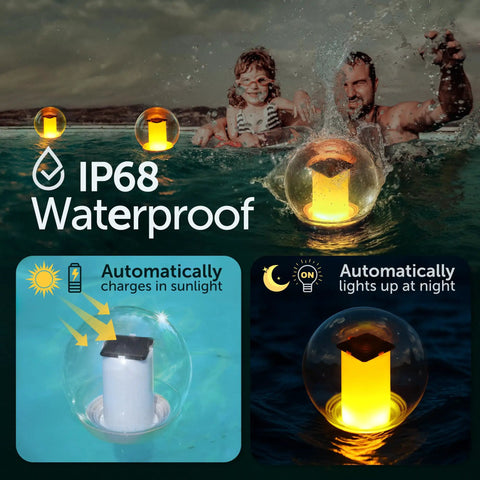 Solar Powered Floating Globes For Pool Pond Patio And Hot Tub Outdoor Lanterns That Look Like Candles Or Torches Perfect Party Decor And Chill Ambience A Fun Gift For Adults And A Must Have Pool Toy in water showing glowing effect at night and waterproof feature.