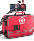 Front view: red first aid kit bag with shoulder strap; two-panel interior shows organized medical supplies.