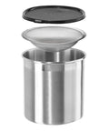Stainless Steel Jumbo Grease Container With Removable Strainer And Snug Lid, shown with strainer and lid elevated.