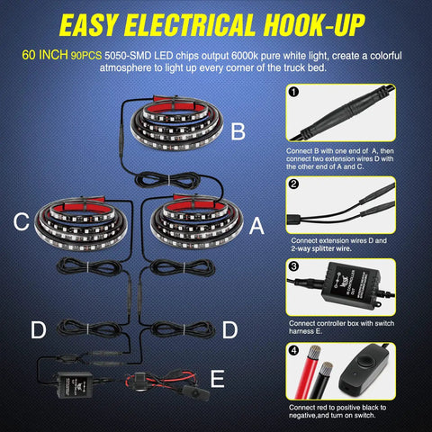Diagram illustrating the hook-up of a Three Piece 60 Inch RGB Truck Bed Light Kit With 270 LED Neon Accent Lighting And RF Remote On Off Switch Plus Splitter Extension Cable For Cargo Pickup Camper RV SUV Boat Lit For Night And Day Use.