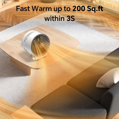 2 In 1 Heater And Fan Combo 1500W Turbo Ceramic Space Heater on a table in a living room, for fast heat up in rooms up to 200 sq ft.
