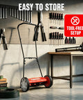 Push Reel Lawn Mower With 23 Inch Cutting Width And 5 Blade Cutting System For Quiet No Gas Lawn Care On Regularly Mowed Lawns With Soft Grass Under 2 To 4 Inches Easy To Maneuver And Low Maintenance in garage storage setup