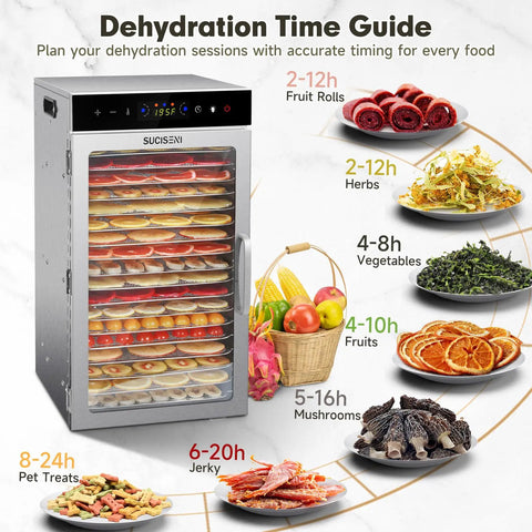 Hella Big 18 Tray Stainless Steel Food Dehydrator Machine With Smooth Touch Panel And 24 Hour Timer for drying fruits and herbs.