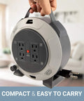 Person holding Retractable 20 Foot Extension Cord Reel With Four Outlets Heavy Duty 16 AWG SJT Cable Thermal Breaker Reset Button