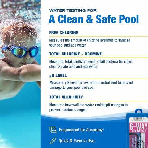 K-1004 DPD 6-In-1 Pool Test Kit Checks Free Chlorine Total Bromine pH And Acid Demand Fast Results In Tote for pool water safety.