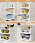 Four stackable white bins used for clothes, toys, snacks, and office items. Five Pack Stackable Closet Storage Baskets Set Waterproof Foldable Organizer White For Shoes Clothes Toys Hats Hat Storage Space Saving Wardrobe Drawer Bins Perfect For Busy Homes And Dorm Rooms.