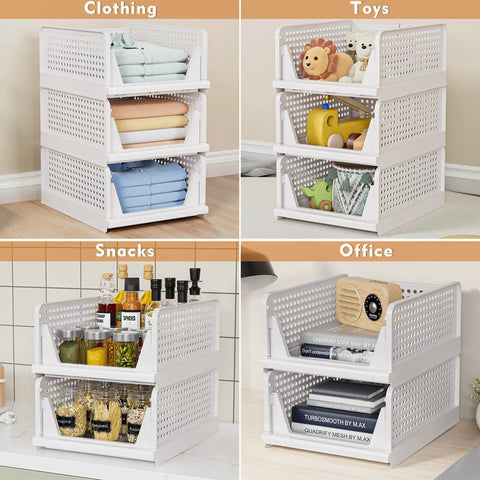 Four stackable white bins used for clothes, toys, snacks, and office items. Five Pack Stackable Closet Storage Baskets Set Waterproof Foldable Organizer White For Shoes Clothes Toys Hats Hat Storage Space Saving Wardrobe Drawer Bins Perfect For Busy Homes And Dorm Rooms.