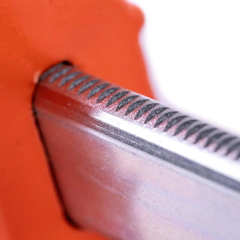 Close-up of Beefy 12 Inch Opening Heavy Duty Steel Bar Clamp with Protective Pads Orange for precise woodworking joints.