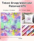 Tintnut Grungy Watercolor Heat Transfer Vinyl 12Pcs Iron On Glitter Sheets Neon Hues, 10x12 inches, colorful designs for crafts.