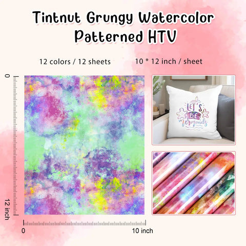 Tintnut Grungy Watercolor Heat Transfer Vinyl 12Pcs Iron On Glitter Sheets Neon Hues, 10x12 inches, colorful designs for crafts.
